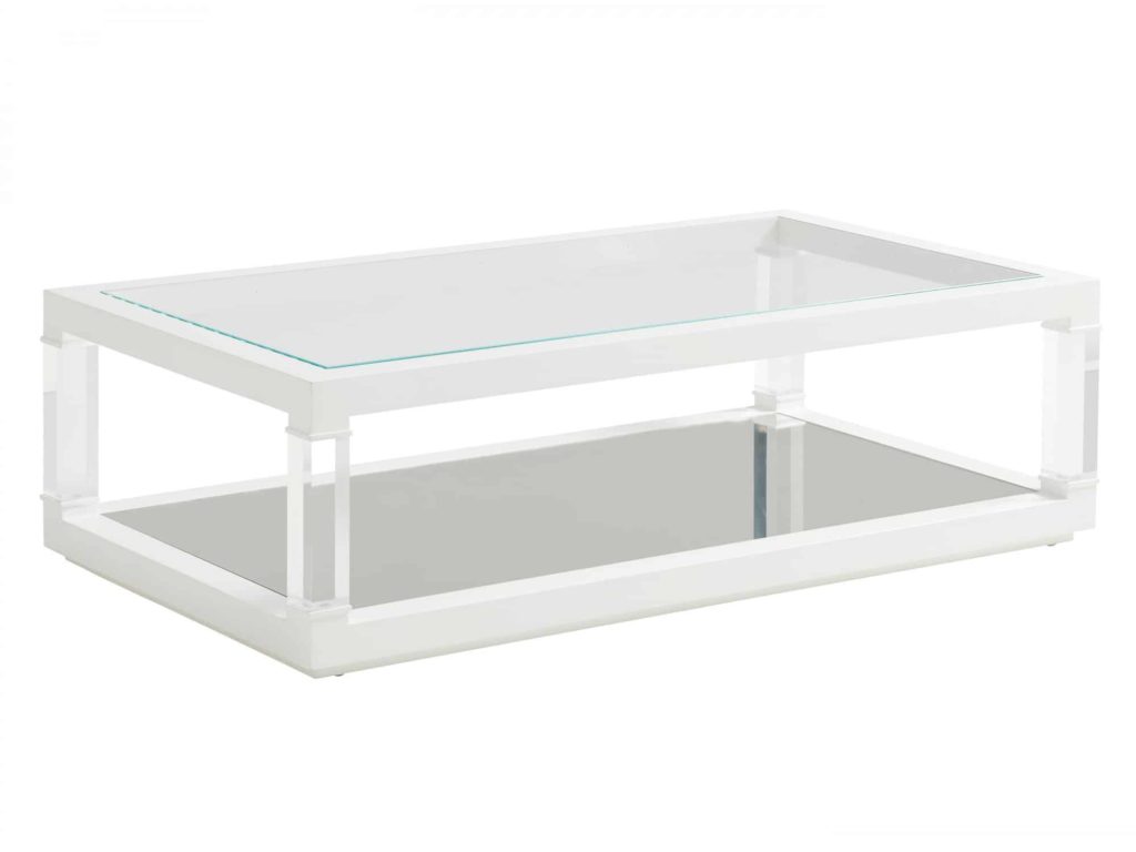 矩形桌子与亚克力底座和腿，镶嵌玻璃顶部，镜面底层货架