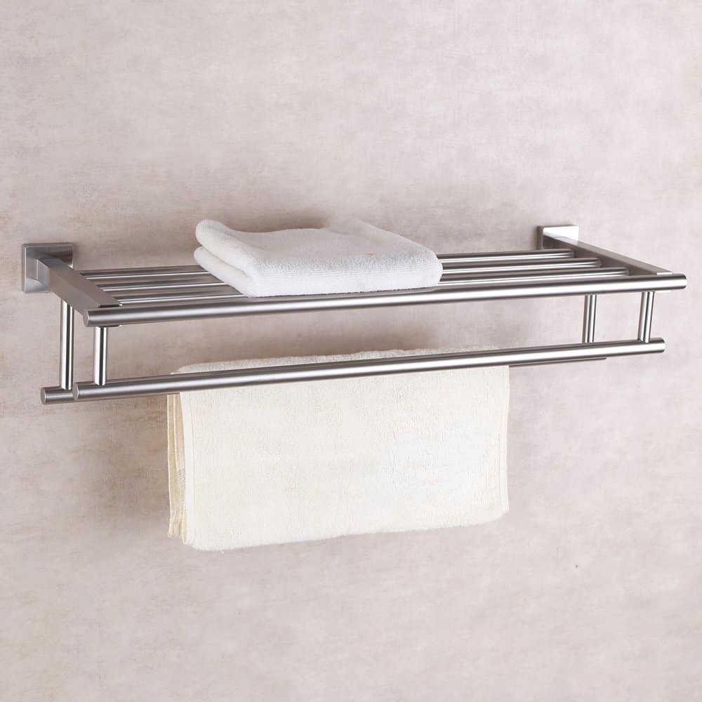 KES不锈钢浴巾架浴室架，带双毛巾条60厘米的存储组织者当代酒店广场风格墙架，拉丝整理，A2112-2