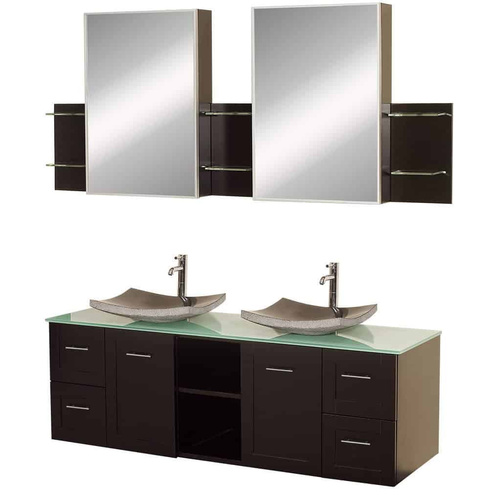 温德姆系列Avara 60英寸双浴室梳妆台在浓缩咖啡，绿色玻璃台面，牵牛星黑色花岗岩水槽，和药柜