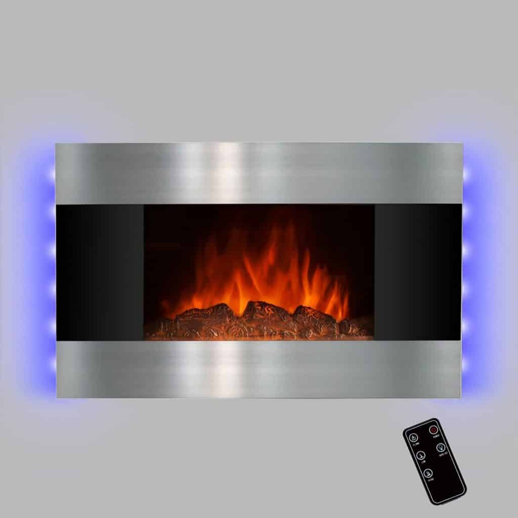 金色Vantage 36壁挂式电动卧室加热器钢化玻璃壁炉w 3D火焰日志设置和远程控制