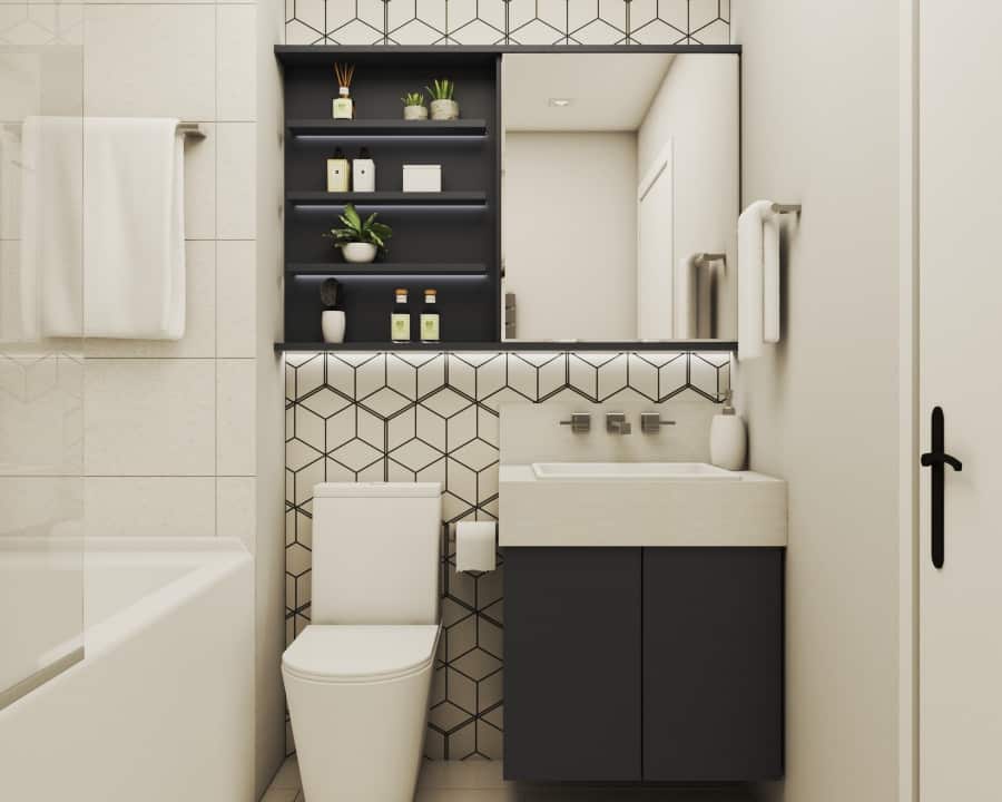 米色马赛克瓷砖墙，米色瓷砖地板，深灰色橱柜
