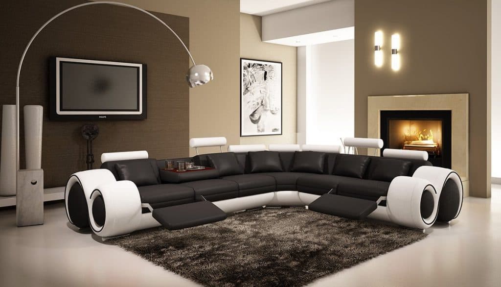 4087黑色和白色粘合皮革组合沙发与内置脚凳