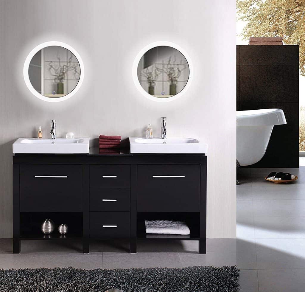 克鲁格LED浴室圆镜22英寸直径|发光梳妆镜调光器和除雾器|银背玻璃