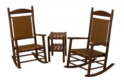 可回收的环保三件套摇椅家具桃花心木与老虎木编织