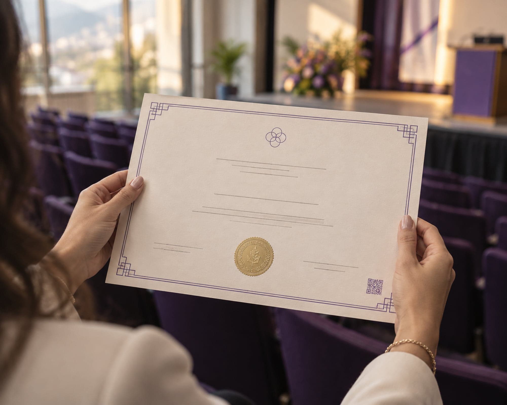 Manos que sostienen un certificado impreso con sello dorado y código QR en un auditorio