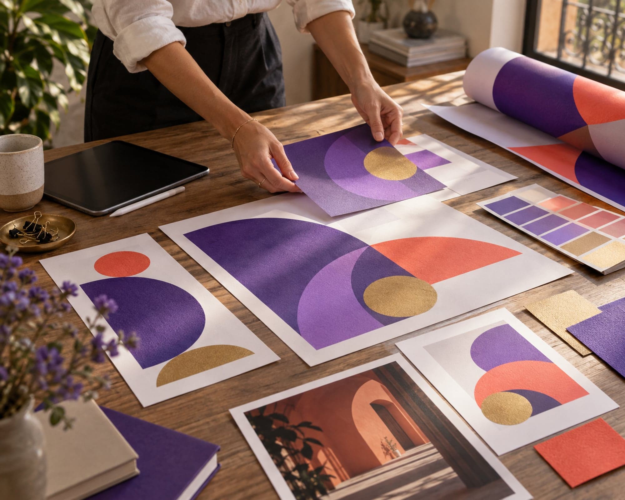 Propuestas impresas de identidad visual de un evento en violeta, coral y oro sobre una mesa de diseño