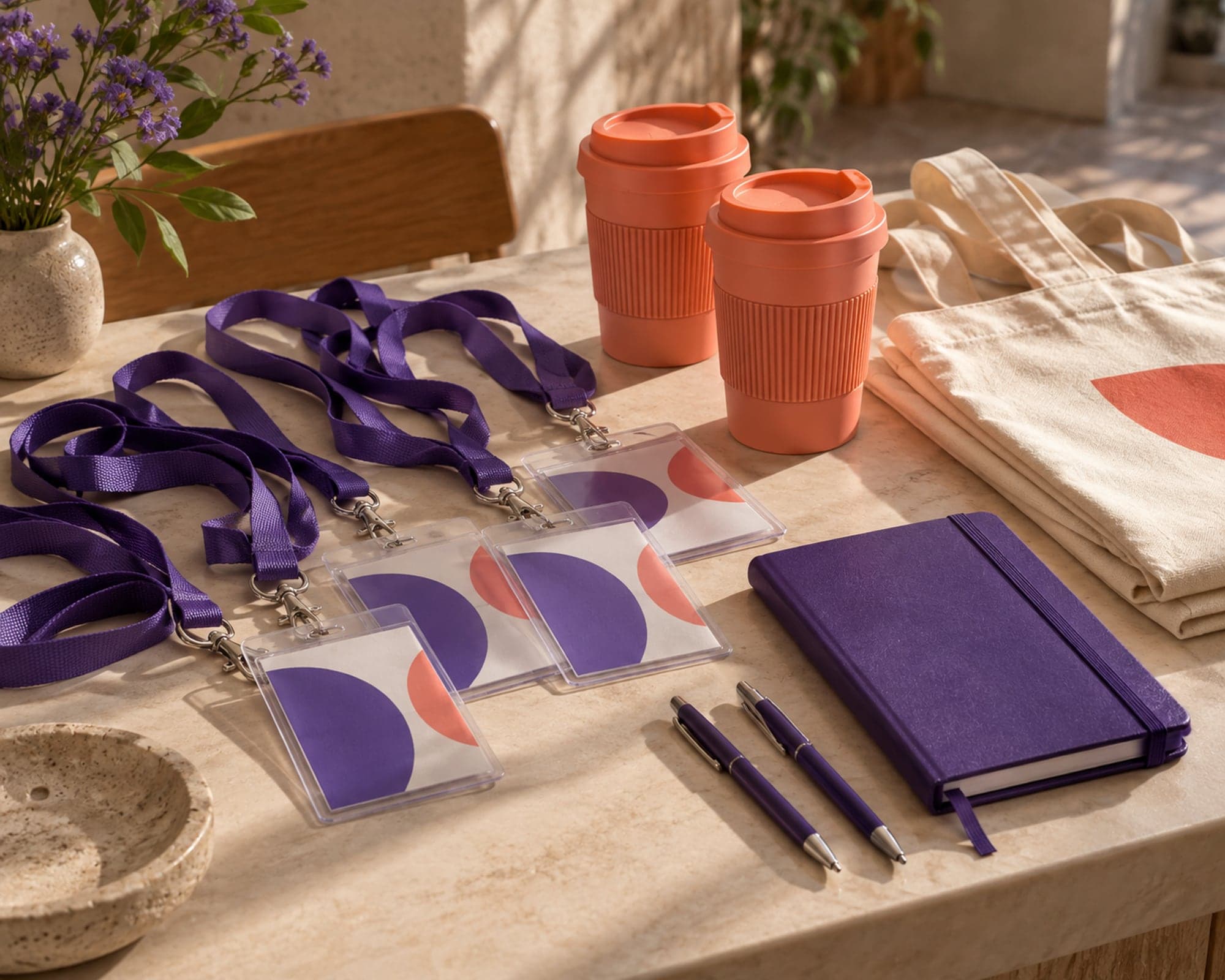 Lanyards violeta, gafetes con porta gafete, vasos coral, plumas, libreta y bolsa de tela con la imagen de un evento