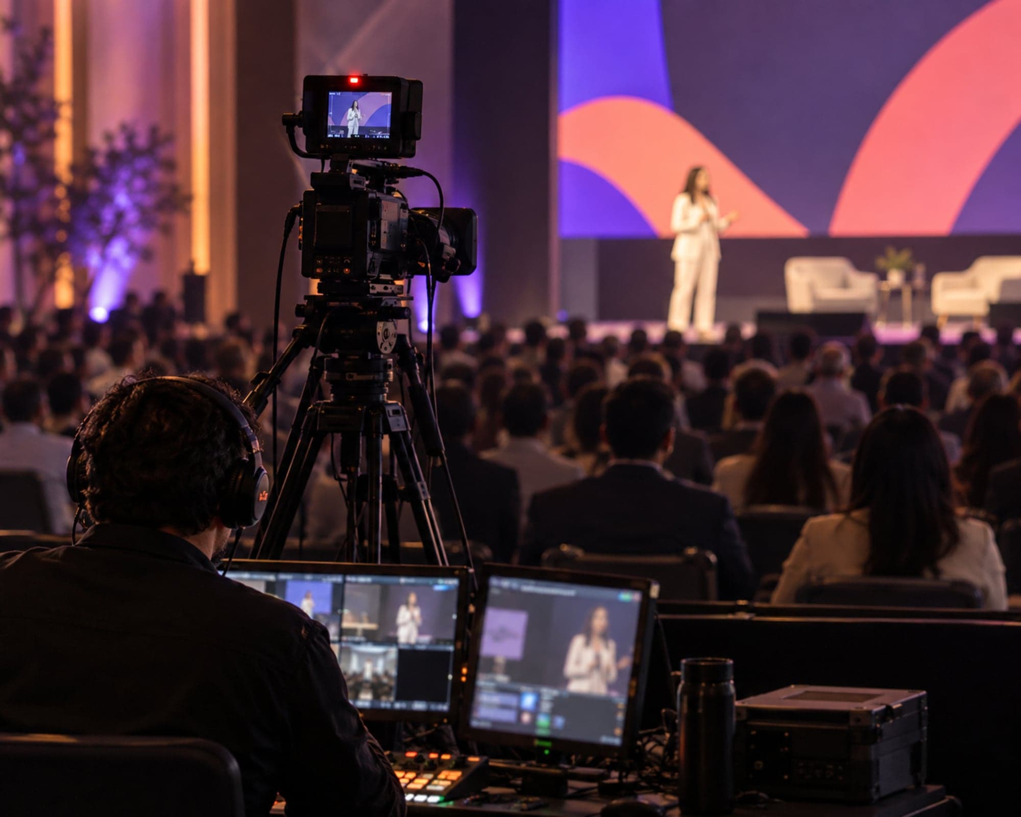 Cámara y consola de transmisión en vivo al fondo de un salón, con la ponente en el escenario