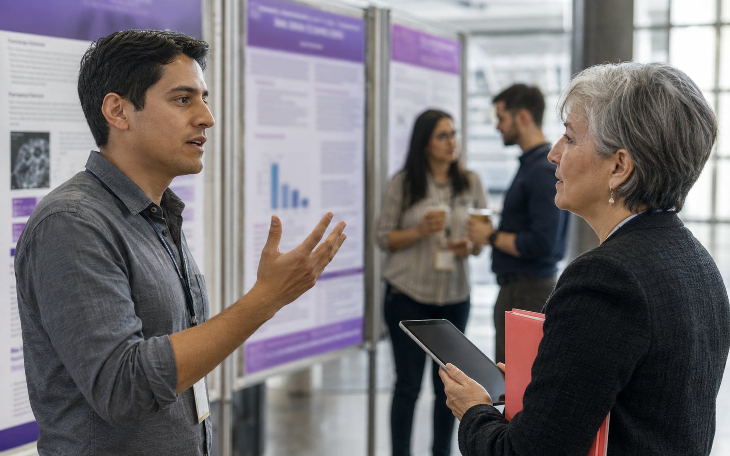 Un investigador explica su póster científico a una jueza con tableta en la sesión de pósters