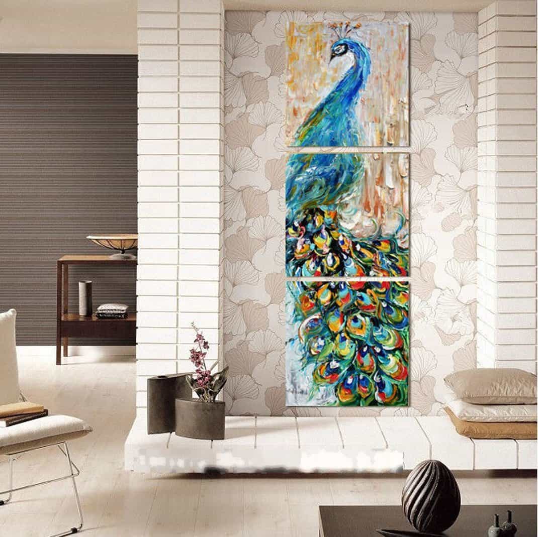 现代家庭和办公室墙壁装饰帆布印花孔雀油画3块嵌板(16x16inchx3)