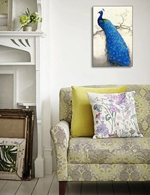 PIY漂亮的孔雀墙艺术卧室，帆布印花与生动的颜色提亮米色墙壁，动物墙壁装饰画，1厚